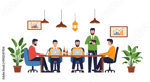 Business team meeting in modern office space with laptops