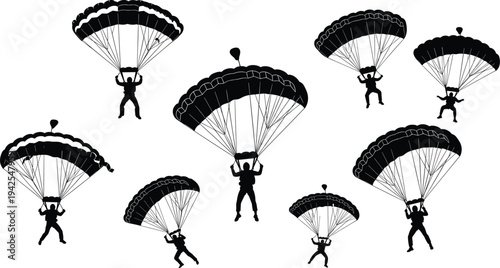 Silhouette Set of Skydivers and Paragliders Floating with Open Parachutes Isolated on White Background for Extreme Sports Vector Design Elements