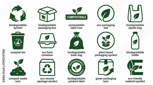 Eco friendly packaging symbols and biodegradable icons for sustainable living