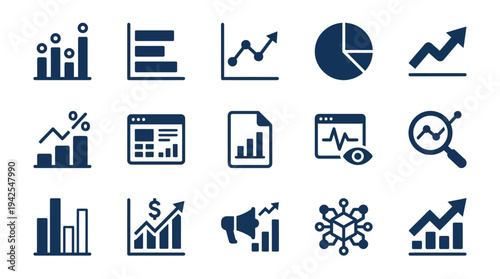 Business data analysis and statistics icons for finance and marketing