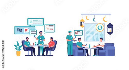 Medical team consulting patient, healthcare professionals discussing with people in Ramadan, iftar, suhoor