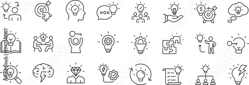 Idea Web Icon Set in Linear Style. Collection of creative idea, line icons, including creativity, thinking, light bulb, innovation, solution, inspiration, business, thinking and more.