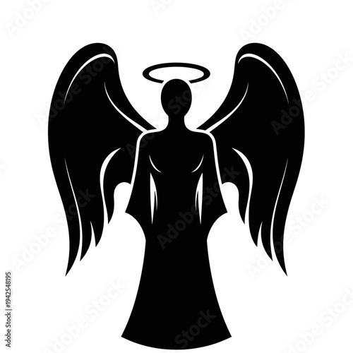 Photography Black Silhouette Angel Figure with Wings and Halo - Vector Icon