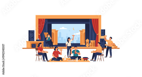 people on a stage with curtains, theater performance, city skyline background, group of artists rehearsing