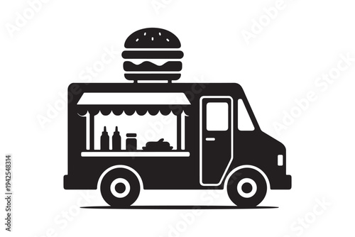 Popular food truck silhouette isolated on white. Street food van and fast food delivery vector illustration