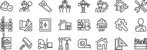 Labor Web Icon Set in Line Style. Collection of Construction Linear Icons, Including labour day, renovation, repair, work tools, materials, workers, building, business and more.