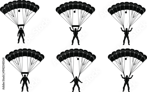 Silhouettes of Paratrooper Skydivers in Various Poses with Open Parachutes for Extreme Sports Skydiving Adventure and Military Training Vector Illustration