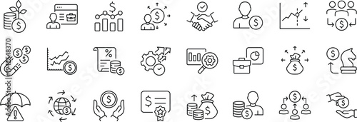 Investment Web Icon Set in Linear Style. Collection of finance and money, line icons, including profit, investor, portfolio, asset, management, financial gain