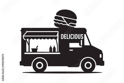 Popular food truck silhouette isolated on white. Street food van and fast food delivery vector illustration