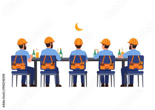 construction workers sitting at a bar drinking beer at night