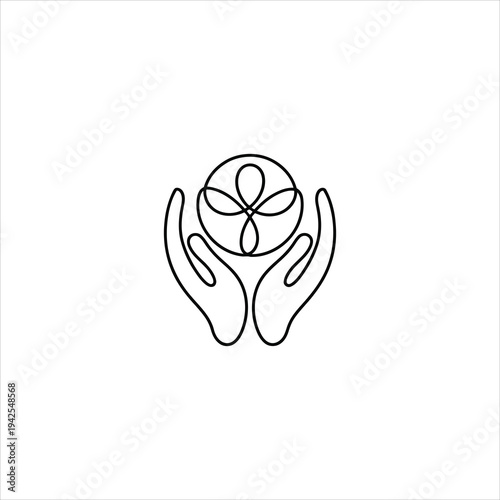 A minimalist line drawing of a planet with a flower on it being held by two hands