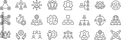 Organization management set of web icons in line style. Human resource linear icon collection. Containing business people, teamwork, structure, hierarchy, leadership and more.
