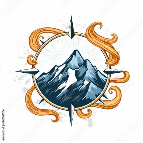 Mountain peak illustration with compass and ornate frame.