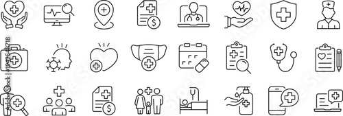 Healthcare set of web icons in line style. Medicine and Health Care linear icon collection. Containing emergency, doctor, treatment, medical, report, diagnosis, health, prevention.