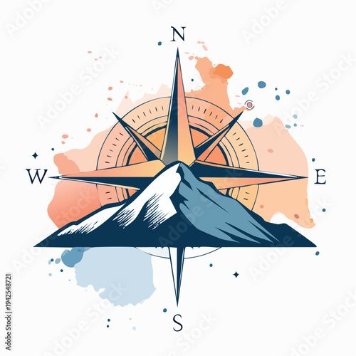 Stylized compass rose with mountain peak emblem.