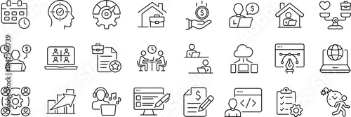 Freelance Web Icon Set in Linear Style. Collection of remote work, line icons, including working from home, freelancer, laptop, meeting, business, online job, home office and more.