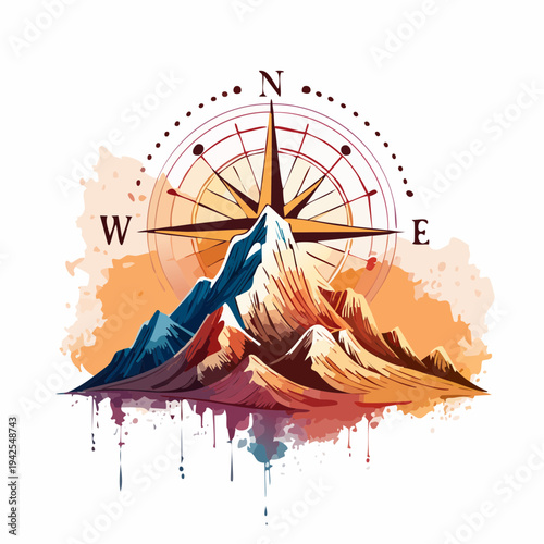 Mountain peak landscape with compass navigation symbol.