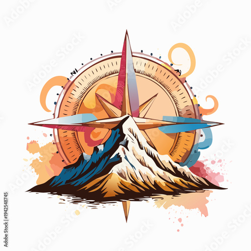 Vibrant Mountain Landscape with Compass Navigation Element.