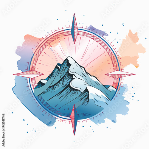 Vibrant Mountain Landscape with Compass Navigation Elements.