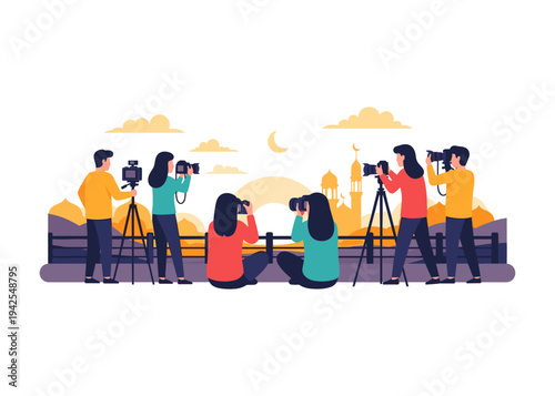 Photographers capturing cityscape at sunset with cameras on tripods