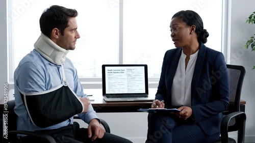 Wallpaper Mural Injured Patient Discussing Medical Insurance Claim with Professional Agent After Accident in Bright Office Setting Torontodigital.ca