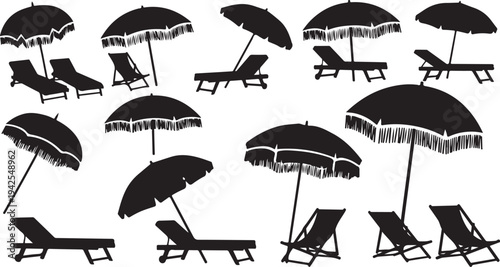 Black beach chairs and umbrellas on white background illustration