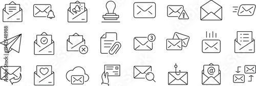 Email Web Icon Set in Line Style. Collection of E-mail and Letter Linear Icons, Including mail, envelope, email, postal, letter sent, inbox, new mail, reply and forward mail and more.