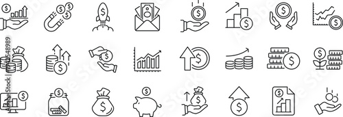 Financial profit set of web icons in line style. Money income linear icon collection. Containing money savings, finance, growth, investment, payment, earnings, management and more.