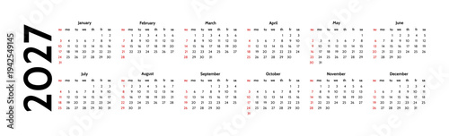 Calendar for 2027 isolated on a white background
