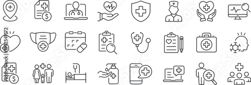 Healthcare set of web icons in line style. Medicine and Health Care linear icon collection. Containing emergency, doctor, treatment, medical, report, diagnosis, health, prevention.