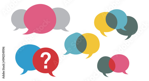 Colorful vector illustration depicts diverse conversation bubbles representing global communication and frequently asked questions