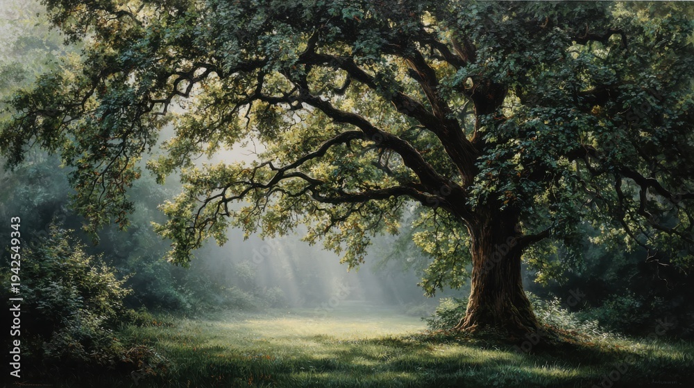 Obraz premium Majestic Oak Tree Surrounded by Serene Nature and Sunlight Beams