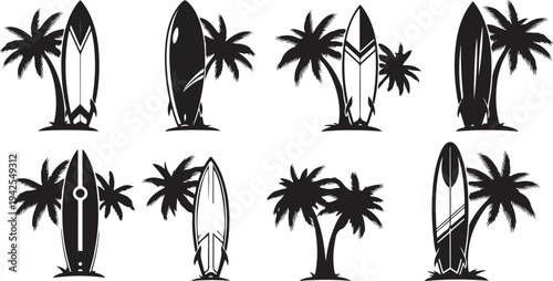 Surfboards and palm trees in black silhouette style illustration