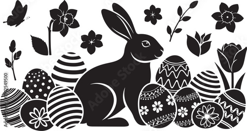 Easter bunny surrounded by decorated eggs and flowers illustration