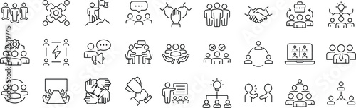 Team Web Icon Set in Line Style. Collection of Teamwork Linear Icons, Including team building, workshop, human resources, business people, group, team, organization, community.