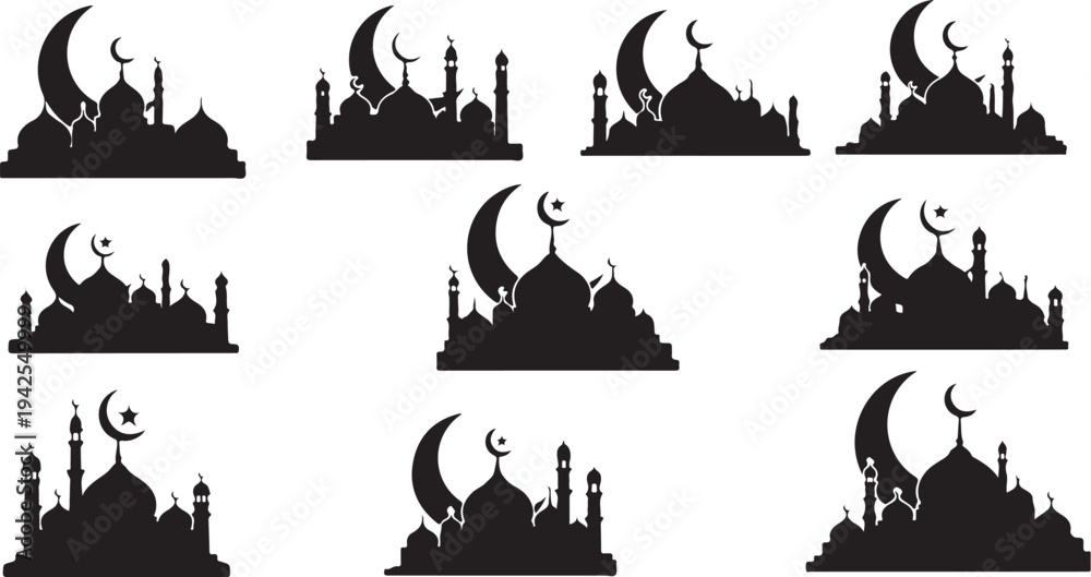 Obraz premium Silhouette of mosque with crescent moon and minarets collection