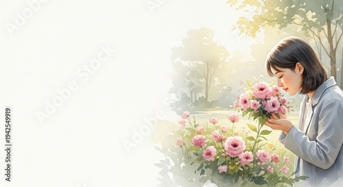 Young woman smelling flowers in garden during sunny afternoon, watercolor, copy space  