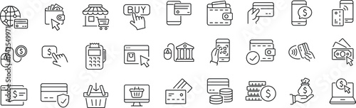 Online payment set of web icons in line style. Payment linear icon collection. Containing cashless wallet, e-wallet, money transfer, banking, credit card, cash, transaction more.