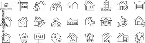 House Web Icon Set in Line Style. Collection of Real estate Linear Icons, Including home, building, buying, renting, property, address, loan, house, key, buy, sell, mortgage and more.