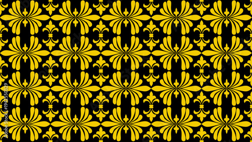 Symmetrical golden fleur-de-lis motifs in a seamless repeating pattern over a black background. Ideal for luxury wallpaper and premium fabric prints.