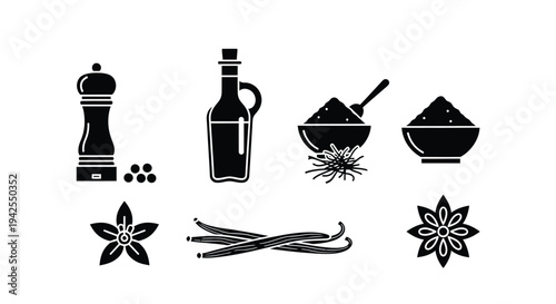 Black silhouettes of spices seasonings and cooking ingredients silhouette high quality