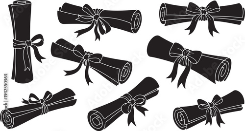 Set of rolled up black and white parchment scrolls
