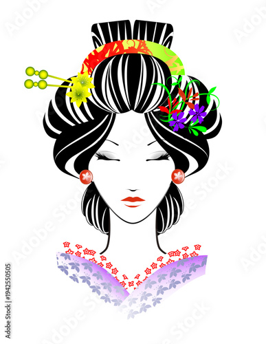 女性の顔、日本髪、着物