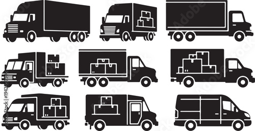Collection of various delivery trucks and vans in silhouette