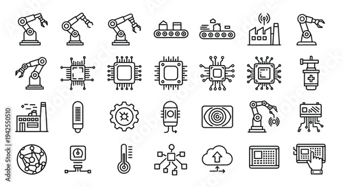 Industrial automation icons featuring robotic arms circuit boards and technology silhouette