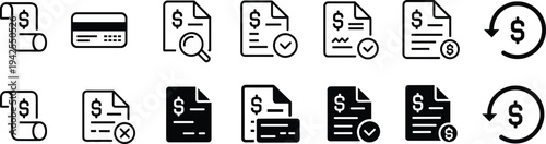Financial icons, billing documents, credit card, payment approval, refund arrows, rejected transaction, accounting symbols, finance app design, money management