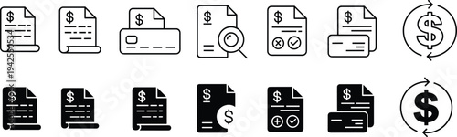 Financial icons, billing documents, invoice symbols, payment processing, credit card, refund arrows, approval check, rejection cross, accounting design, money management