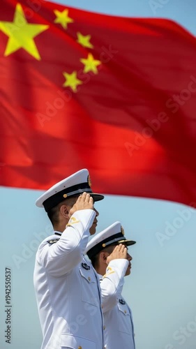 Chinese Naval Officers in White Uniforms Saluting National Flag, Patriotic Military Ceremony