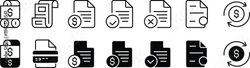 Financial icons, secure money, billing documents, invoice approval, rejection cross, certified stamp, currency exchange, credit card, savings padlock, accounting design