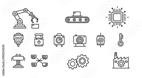Industrial automation icons including robotics manufacturing and technology silhouette